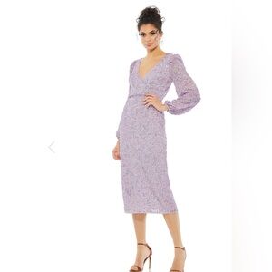 NWT Mac Duggal Purple Sequined Puff Sleeve V Neck Midi Lavender 14